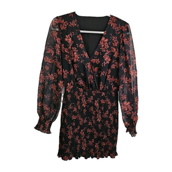 CUPSHE Mini Dress Medium Black Floral Print Smocked Bodycon Longsleeve NWT - Picture 1 of 10